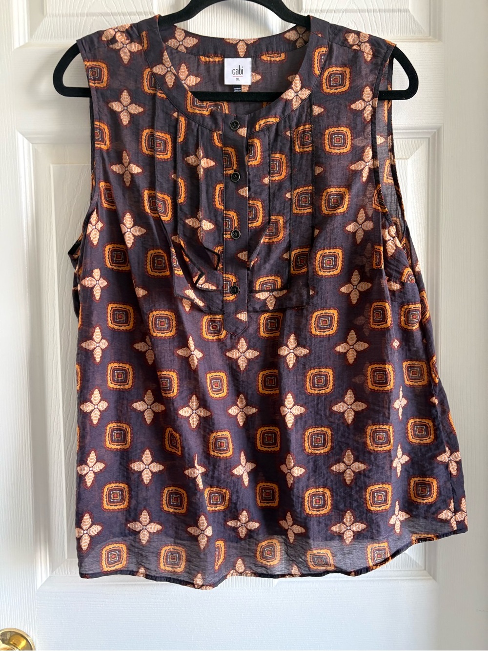 CAbi Navy and Orange Geometric Sleeveless Henley Camisole